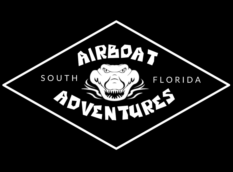 Logo with alligator drawing, text 'Airboat Adventures, South Florida' inside diamond shape on black background.