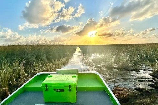 Boat moving through grasslands under sunset with clouds in a bright sky.